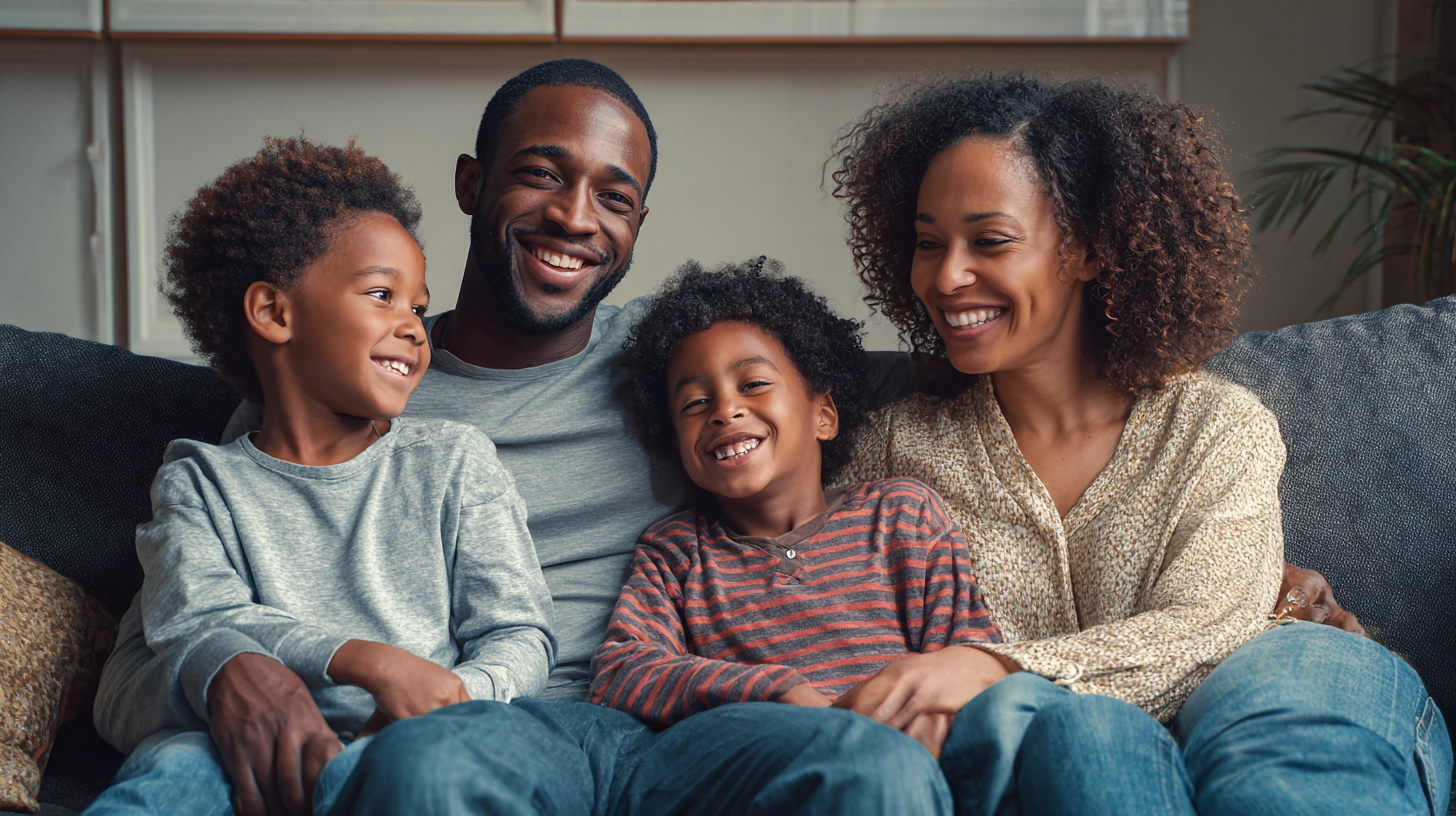 Smiling family sitting together at home, representing financial freedom and a better future.